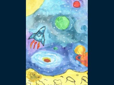 Картина. Автор: Мухаметьянова Арина. Техника: акварель. Класс: 1 Космические путешествия