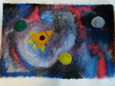 Картина. Автор: Ахтямьянова Екатерина. Техника: смешанная техника. Класс: 1 Радужный космос