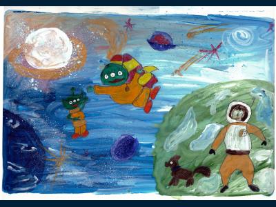 Картина. Автор: Махкамова Евангелина. Техника: акварель. Класс: 1 Космические герои