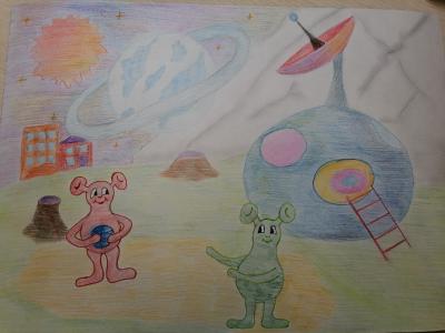 Картина. Автор: Морозова Таисия. Техника: карандаш. Класс: 1 Жизнь на далёких планетах