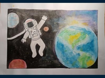 Картина. Автор: Килина Полина. Техника: акварель. Класс: 1 Первый полет человека в космос