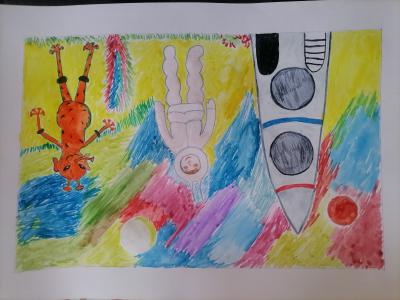 Картина. Автор: Губайдуллина Рияна. Техника: акварель. Класс: 1 Космические гости