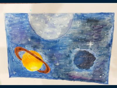 Картина. Автор: Низамова Камилла. Техника: гуашь. Класс: 1 Космические дали