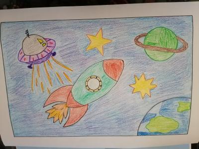 Картина. Автор: Саттаров Айнур. Техника: восковые мелки. Класс: 1 Космос глазами детей
