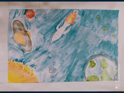 Картина. Автор: Бадретдинов Арыслан. Техника: акварель. Класс: 1 Космические путешествия