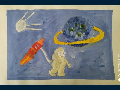 Картина. Автор: Салихов Ильгизар Ильнурович. Техника: акварель. Класс: 1 "Человек в космосе"