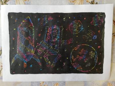 Картина. Автор: Султанов Тамерлан Вадимович. Техника: смешанная техника. Класс: 1 Человек в космосе