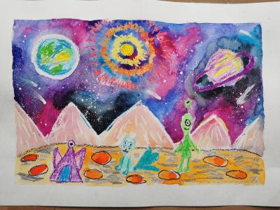Картина. Автор: Гадельшина Виолетта Рустамовна. Техника: смешанная техника. Класс: 1 Где-то там, на другой планете