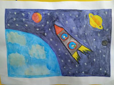 Картина. Автор: Гумерова Айлина. Техника: смешанная техника. Класс: 1 Животные на Орбите