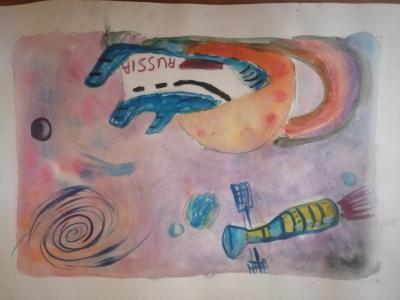 Картина. Автор: Аминев Амир. Техника: акварель. Класс: 1 Мой космический мир