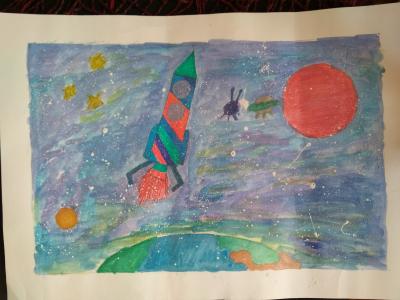 Картина. Автор: Забиров Алмаз. Техника: акварель. Класс: 1 Космос