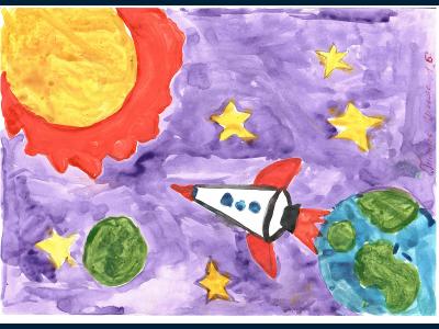 Картина. Автор: Гимаев Ильяс. Техника: акварель. Класс: 1 Я летаю над планетой