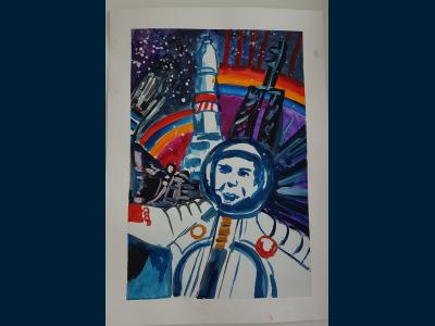 Картина. Автор: Мухаметзянов Шаймурат. Техника: акварель. Класс: 1 Гагарин в Космосе