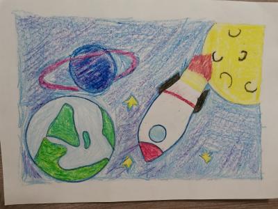 Картина. Автор: Петрова Кира. Техника: восковые мелки. Класс: 1 Ракета Гагарина