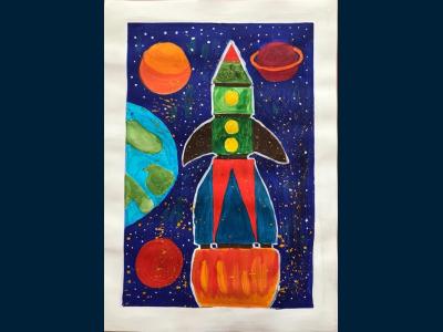 Картина. Автор: Султангалин Ильхам. Техника: гуашь. Класс: 1 Космические просторы