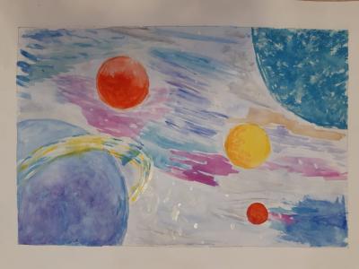 Картина. Автор: Михайлова Дарья. Техника: акварель. Класс: 1 Космические дали