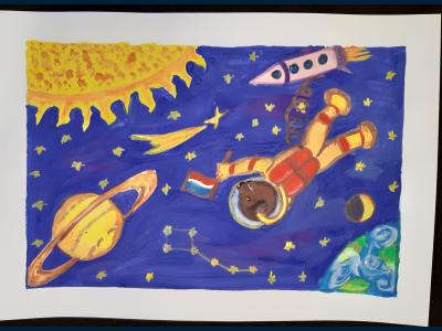 Картина. Автор: Султанова Аделина. Техника: гуашь. Класс: 1 Животные на Орбите