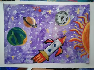 Картина. Автор: Тимербаева Азалина Азатовна. Техника: гуашь. Класс: 1 Сокровища космоса.