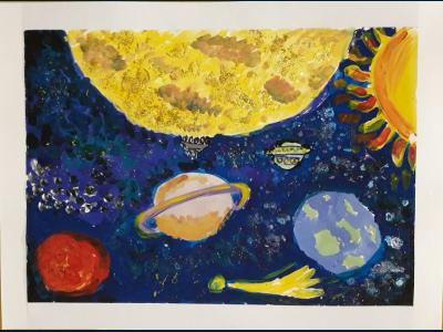Картина. Автор: Мурзагильдин Рамазан. Техника: гуашь. Класс: 1 Космические путешествия
