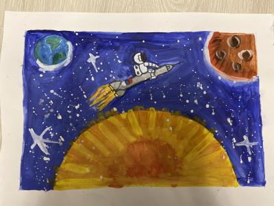 Картина. Автор: Борисова Виктория. Техника: гуашь. Класс: 1 Я покоряю космос