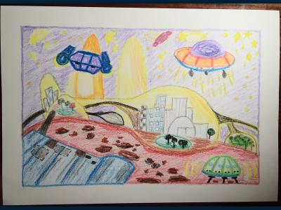 Картина. Автор: Григорян Георгий. Техника: восковые мелки. Класс: 1 Жизнь на Марсе