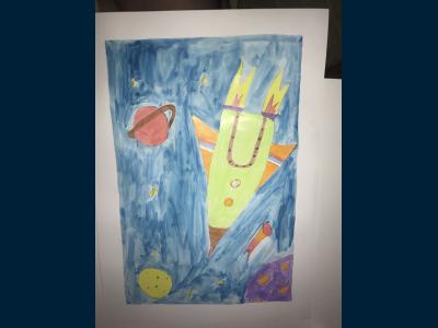 Картина. Автор: Карьков Аркадий. Техника: смешанная техника. Класс: 1 Космическое путешествие