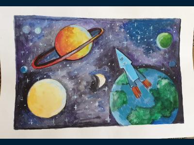 Картина. Автор: Рахматуллин Альберт. Техника: акварель. Класс: 1 Я рисую мой космический мир