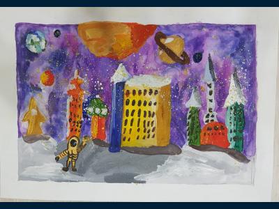 Картина. Автор: Щепотьев Богдан. Техника: смешанная техника. Класс: 1 Мой космический город