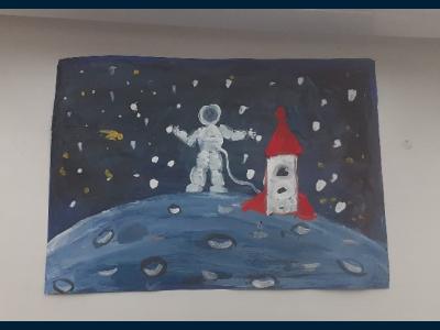 Картина. Автор: Канчурина Айгиза Рушановна. Техника: гуашь. Класс: 1 Человек в космосе