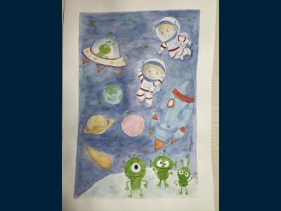 Картина. Автор: Мустаева Амира. Техника: акварель. Класс: 1 Космос моими глазами.