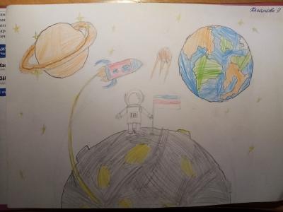 Картина. Автор: Хасанова Эльнара. Техника: карандаш. Класс: 1 Покорение космоса