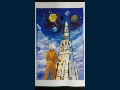 Картина. Автор: Фазлетдинов Аслан Азаматович. Техника: гуашь. Класс: 2 Я хочу стать космонавтом