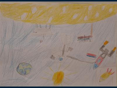 Картина. Автор: Ханафин Даниил. Техника: карандаш. Класс: 2 Полет на Луну