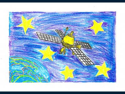 Картина. Автор: Акмурзин Илья. Техника: восковые мелки. Класс: 2 Космический спутник