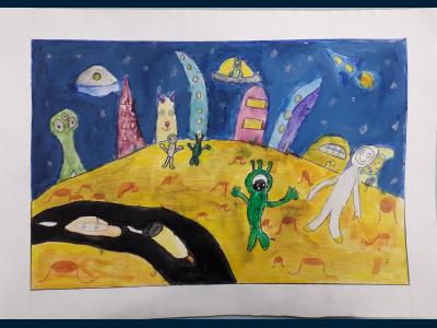 Картина. Автор: Изибаева Диана. Техника: акварель. Класс: 2 Жизнь на Луне