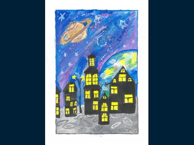 Картина. Автор: Куклин Роман. Техника: акварель. Класс: 2 Город на Луне