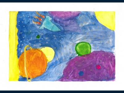 Картина. Автор: Шарипова Полина. Техника: акварель. Класс: 2 В космическом пространстве