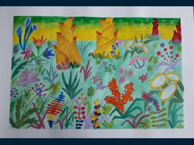 Картина. Автор: Файзрахманова Самира. Техника: акварель. Класс: 2 Цветущая планета