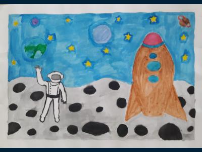 Картина. Автор: Муллаянов Радмир. Техника: акварель. Класс: 2 «Человек в космосе»