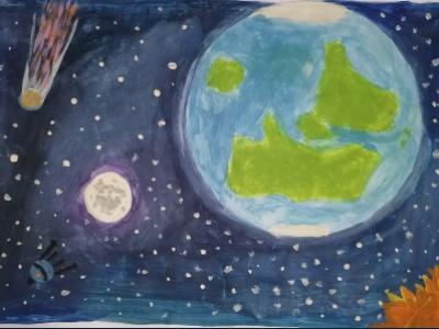 Картина. Автор: Раемгужина Ралия. Техника: акварель. Класс: 2 Космические дали
