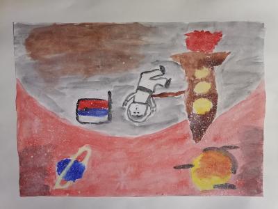 Картина. Автор: Васильева Есения. Техника: акварель. Класс: 2 В открытом космосе