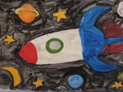 Картина. Автор: Хасанов Ислам. Техника: акварель. Класс: 2 Космические путешествия