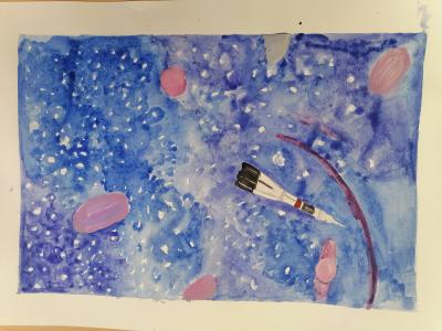 Картина. Автор: Миначетдинова Аиша. Техника: акварель. Класс: 2 Путешествие в космос