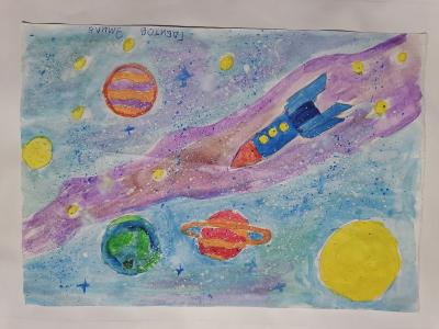 Картина. Автор: Габитов Эмиль. Техника: акварель. Класс: 2 Я хочу быть космонавтом