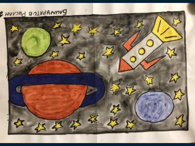 Картина. Автор: Баймуратов Руслан. Техника: акварель. Класс: 2 В космос...