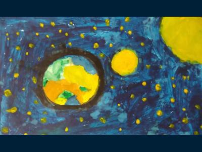 Картина. Автор: Галамай Амелия. Техника: акварель. Класс: 2  «Космические дали»