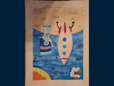 Картина. Автор: Бикмаева Амина. Техника: смешанная техника. Класс: 2 Человек в космосе