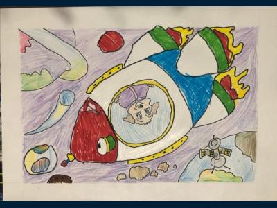 Картина. Автор: Уразинбетов Даниил. Техника: смешанная техника. Класс: 2 Животные на Орбите