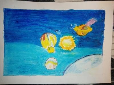 Картина. Автор: Саттарова Анжела. Техника: смешанная техника. Класс: 2 космос глазами юного космонавта