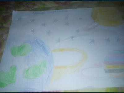 Картина. Автор: Крестова Линда. Техника: восковые мелки. Класс: 2 Наш космос наша планета